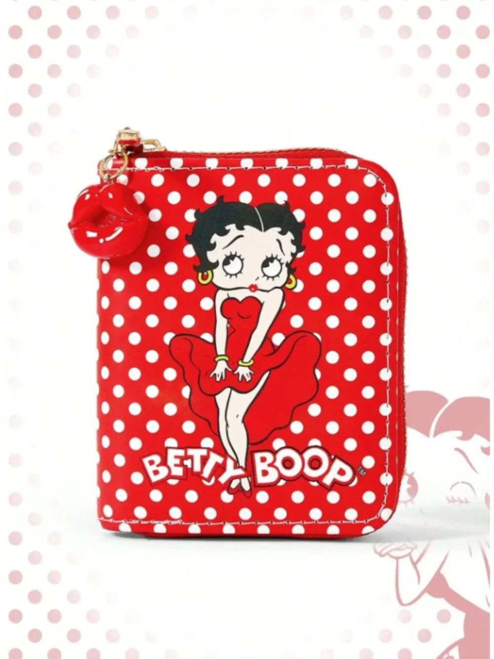 Betty Boop Red Polka Dot Zip Wallet Retro Pin-Up Cartoon Mini Wallet Kiss Charm